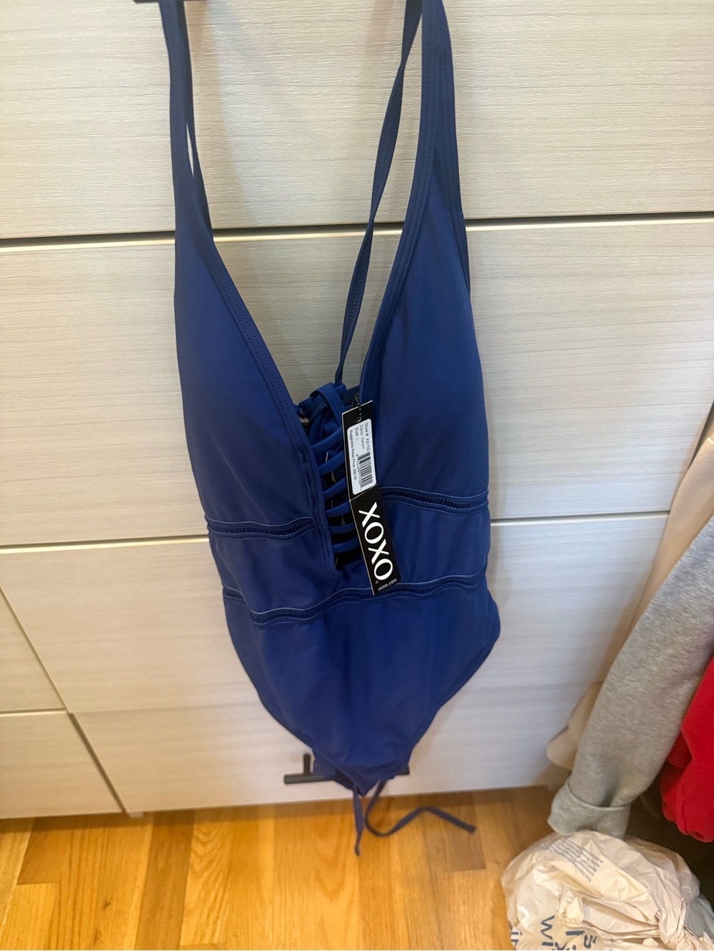 XOXO Navy Lace-Up Plunge One-Piece Swimsuit